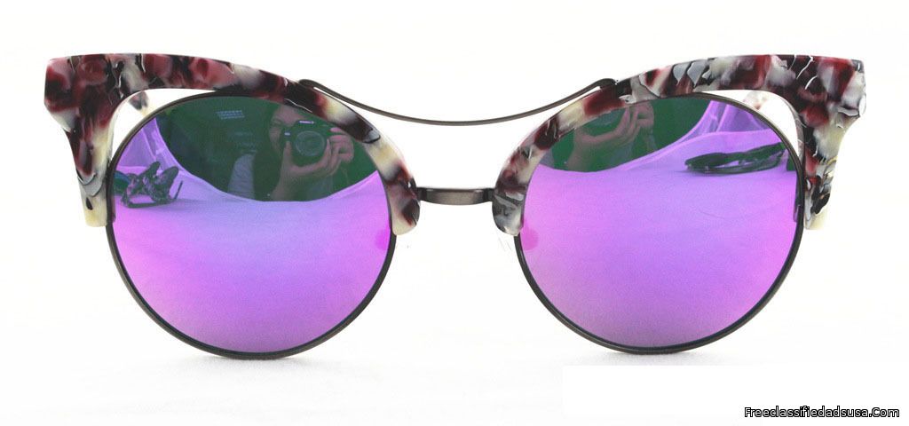 Cat Eye Purple White Frame With Purple Silver Mirror Lens.