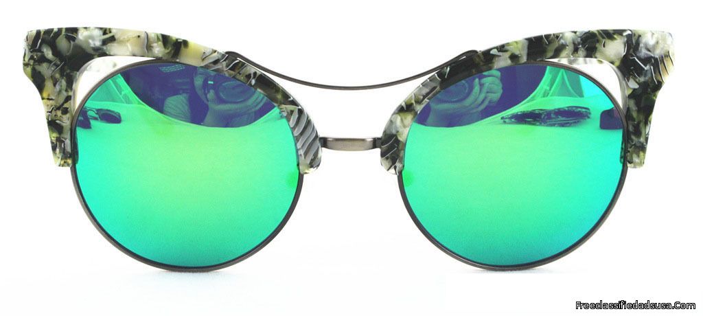 Cat Eye Dark Green White Frame-Green & Blue Mirror Lens